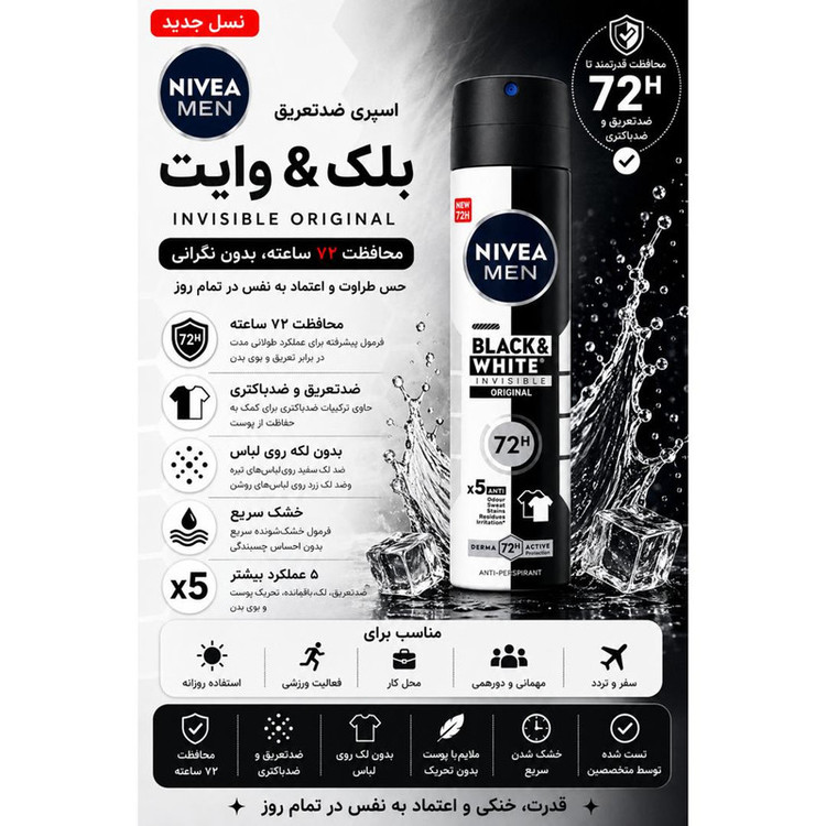 اسپری ضدتعریق مردانه نیوآ مدل 48H Black White Invisible Original حجم 200 میلیلیتر